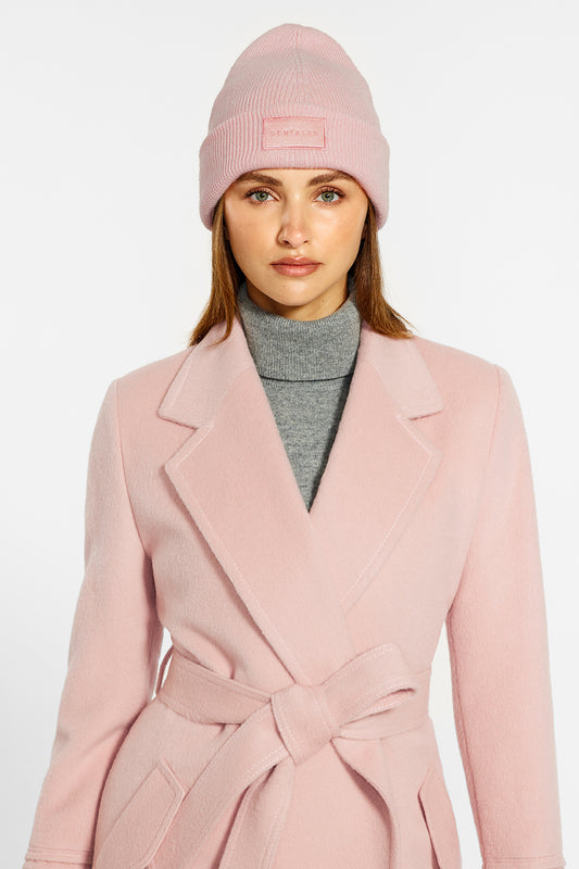 Sentaler Alpaca Beanie and Long Notched Collar Wrap Coat crafted in Baby Alpaca and in Pink. Seen from front close up on female model.