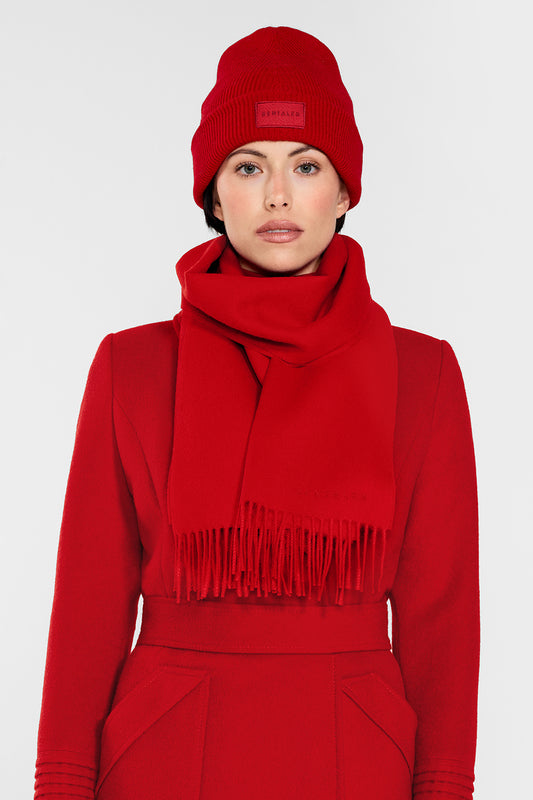 Sentaler Alpaca Beanie and Long Wide Collar Wrap Coat crafted in Baby Alpaca and in Red. Seen from front close up on female model.
