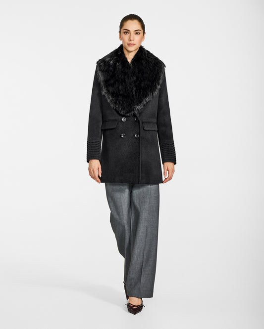 Front view of model wearing Sentaler's black alpaca shearling shawl collar, paired with a black coat.