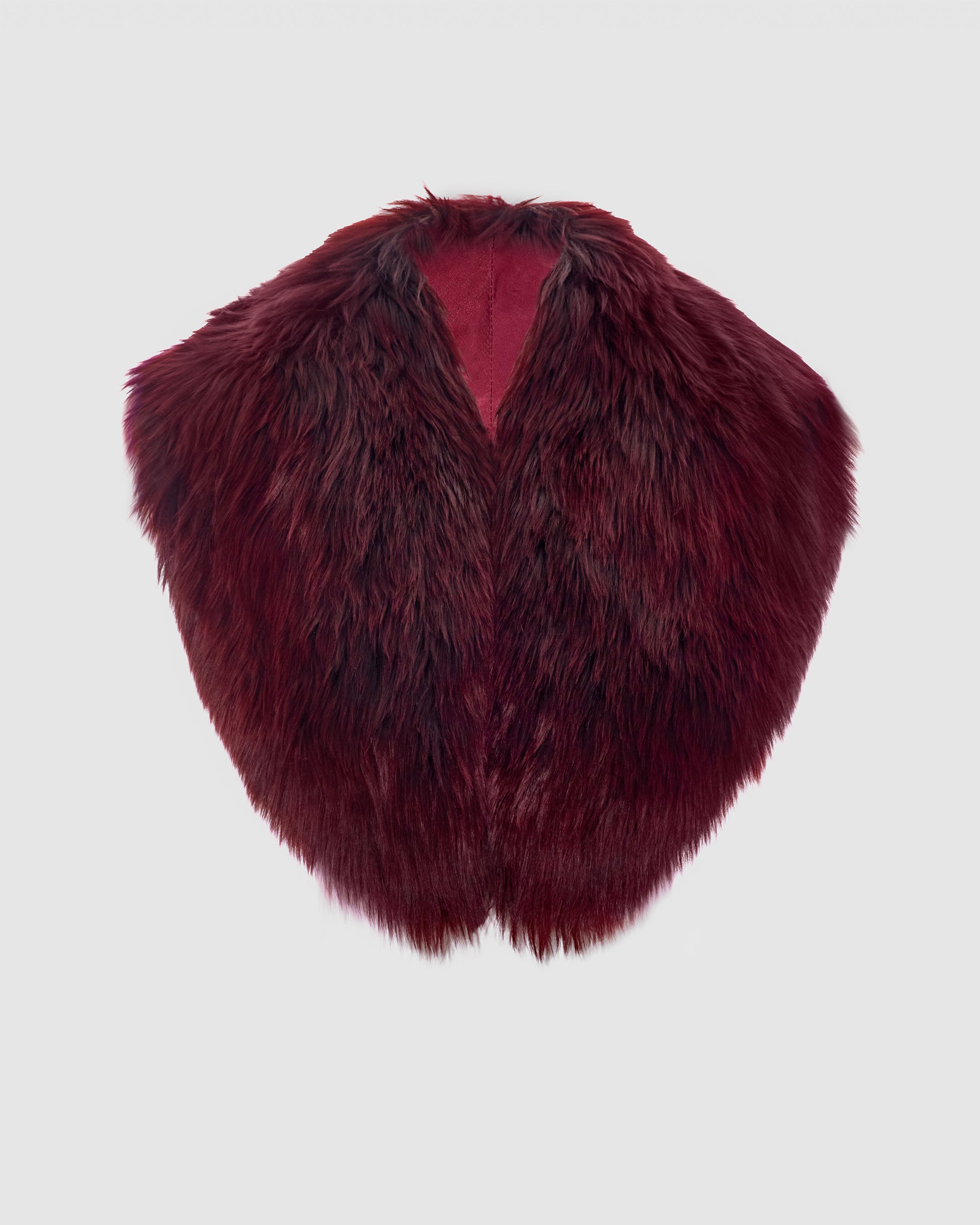 SENTALER Women's Alpaca Shearling Shawl Collar in Cherry Lacquer — off-figure, front view.