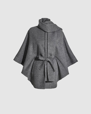 Sentaler grey mélange cape made of baby alpaca wool with a scarf collar, belted.