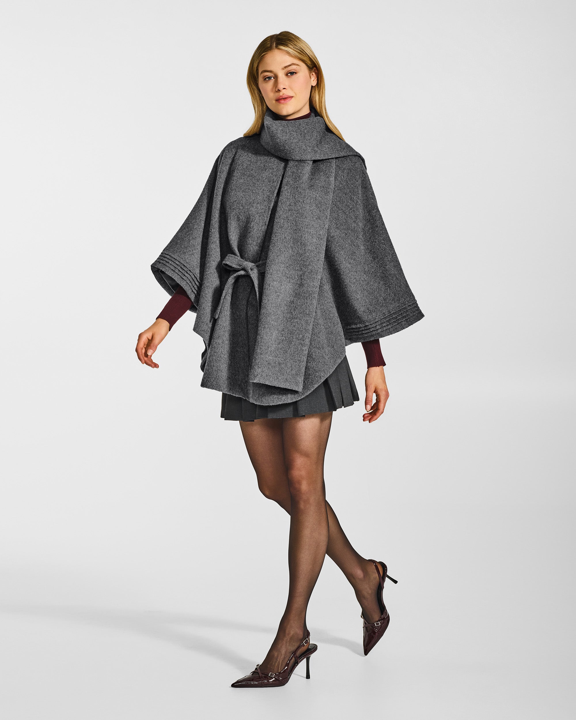 Grey Mélange Cape with Scarf Collar and Belt | SENTALER