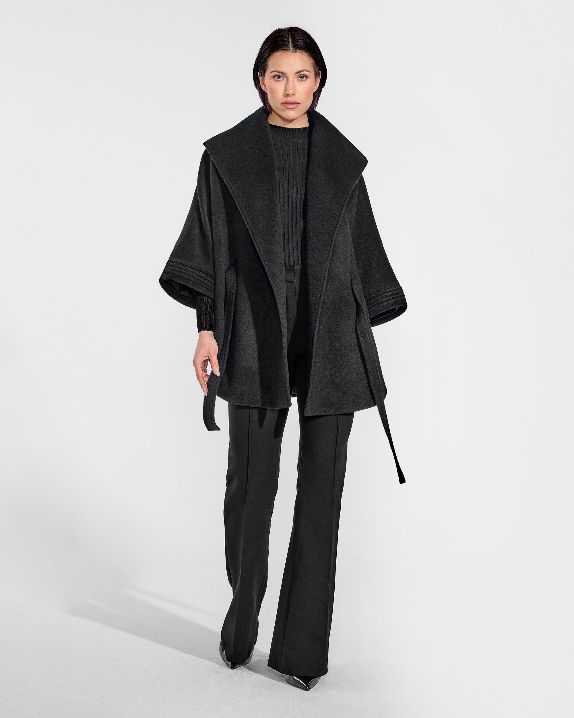 Black Cape with Shawl Collar and Belt | SENTALER