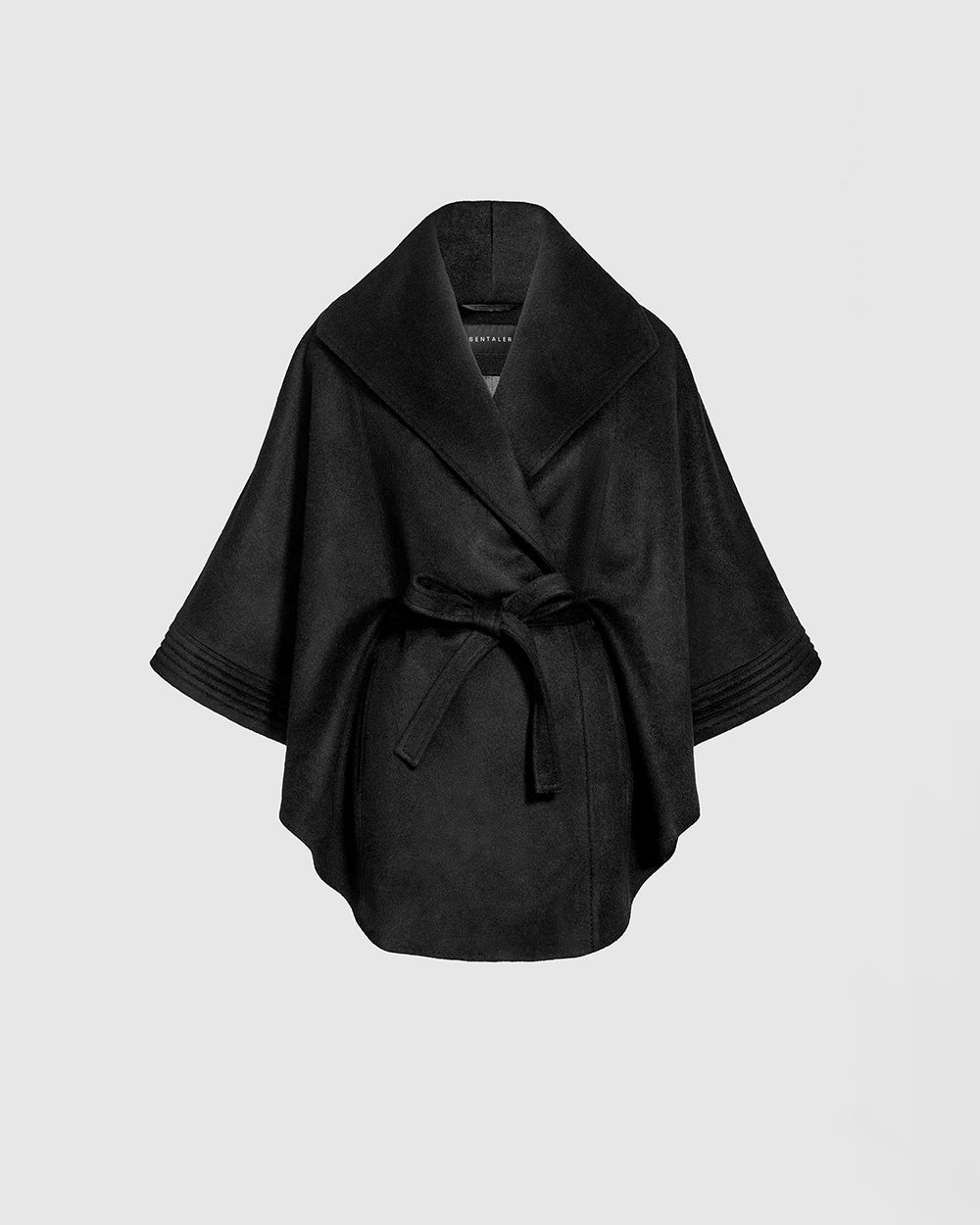 Sentaler Black Cape with Shawl Collar and Belt in Baby Alpaca wool. Seen as belted off figure.