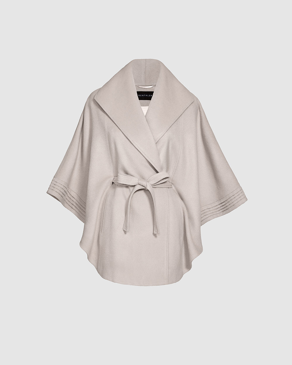 Sentaler Bleeker Beige Cape with Shawl Collar and Belt in Baby Alpaca wool. Seen as belted off figure.