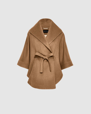 Sentaler dark camel cape made of baby alpaca wool with a shawl collar, belted.