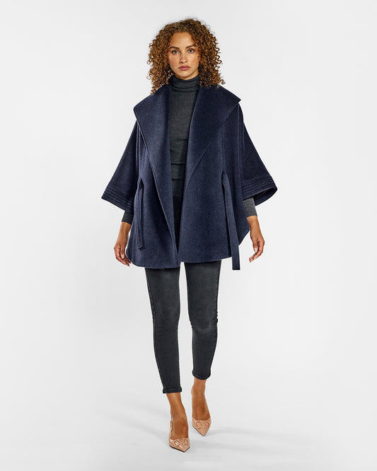 Sentaler Deep Navy Cape with Shawl Collar and Belt in Baby Alpaca wool. Seen from front open on female model.