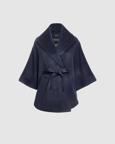 Sentaler Deep Navy Cape with Shawl Collar and Belt in Baby Alpaca wool. Seen as belted off figure.