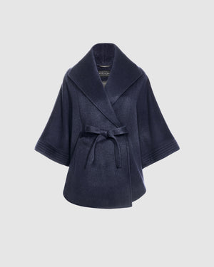 Sentaler deep navy cape made of baby alpaca wool with a shawl collar, belted.