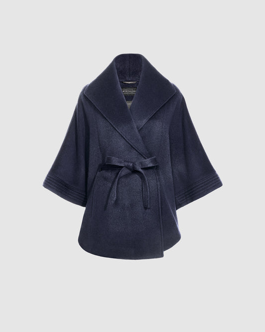 Sentaler deep navy cape made of baby alpaca wool with a shawl collar, belted.