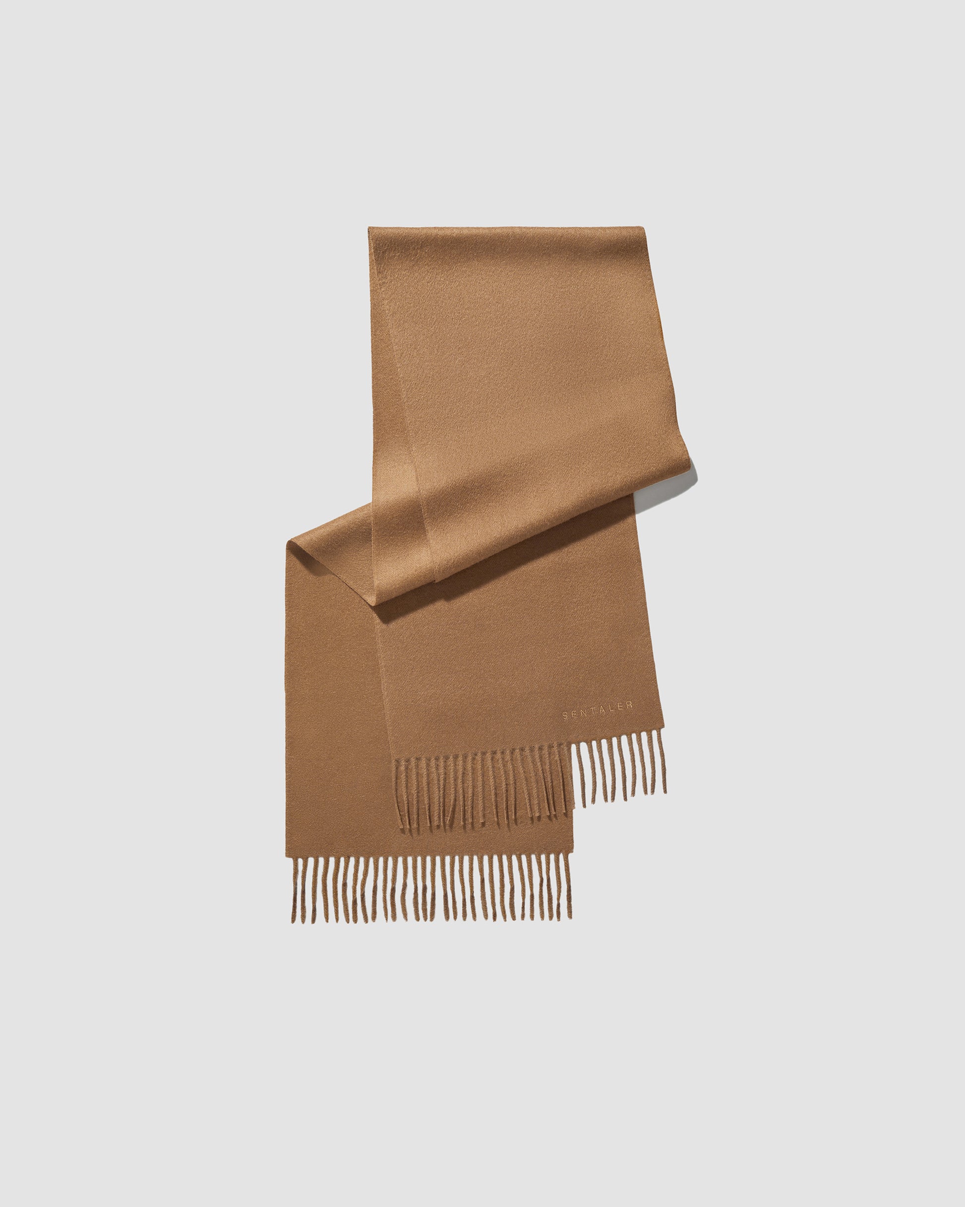 Sentaler Dark Camel Baby Alpaca Classic Scarf in Alpaca yarn displayed on a white background. 