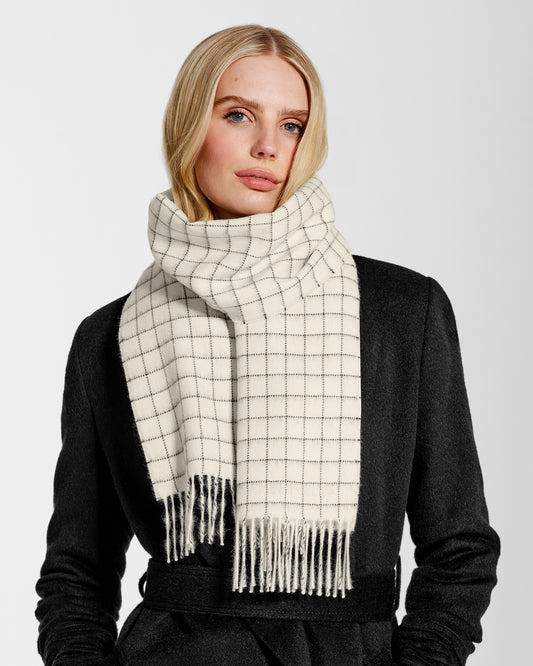 Sentaler Ivory Check Baby Alpaca Classic Scarf in Alpaca yarn displayed on a white background. 