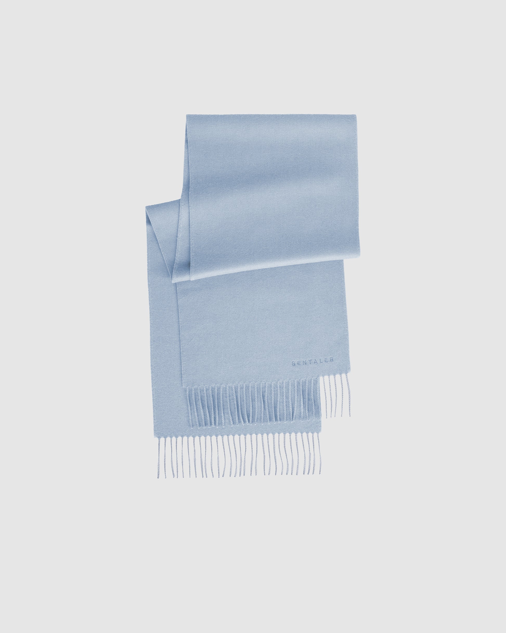 Sentaler Powder Blue Baby Alpaca Classic Scarf in Alpaca yarn displayed on a white background. 