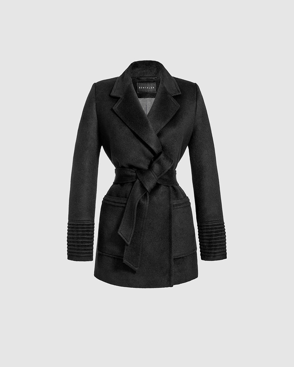 Sentaler Cropped Square Pocket Wrap Black Coat in Baby Alpaca wool. Seen as belted off figure.