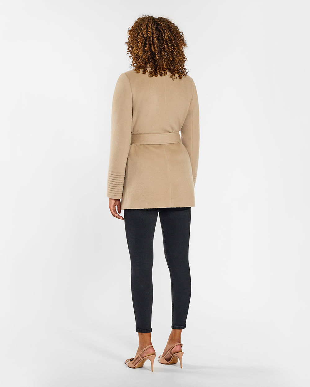 Sentaler Cropped Notched Collar Square Pocket Wrap Camel Coat in Baby Alpaca wool. Seen from back belted on female model.