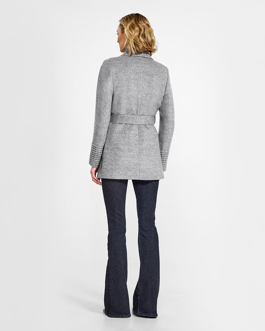 Sentaler Cropped Notched Collar Square Pocket Wrap Shale Grey Coat in Baby Alpaca wool. Seen from back belted on female model.