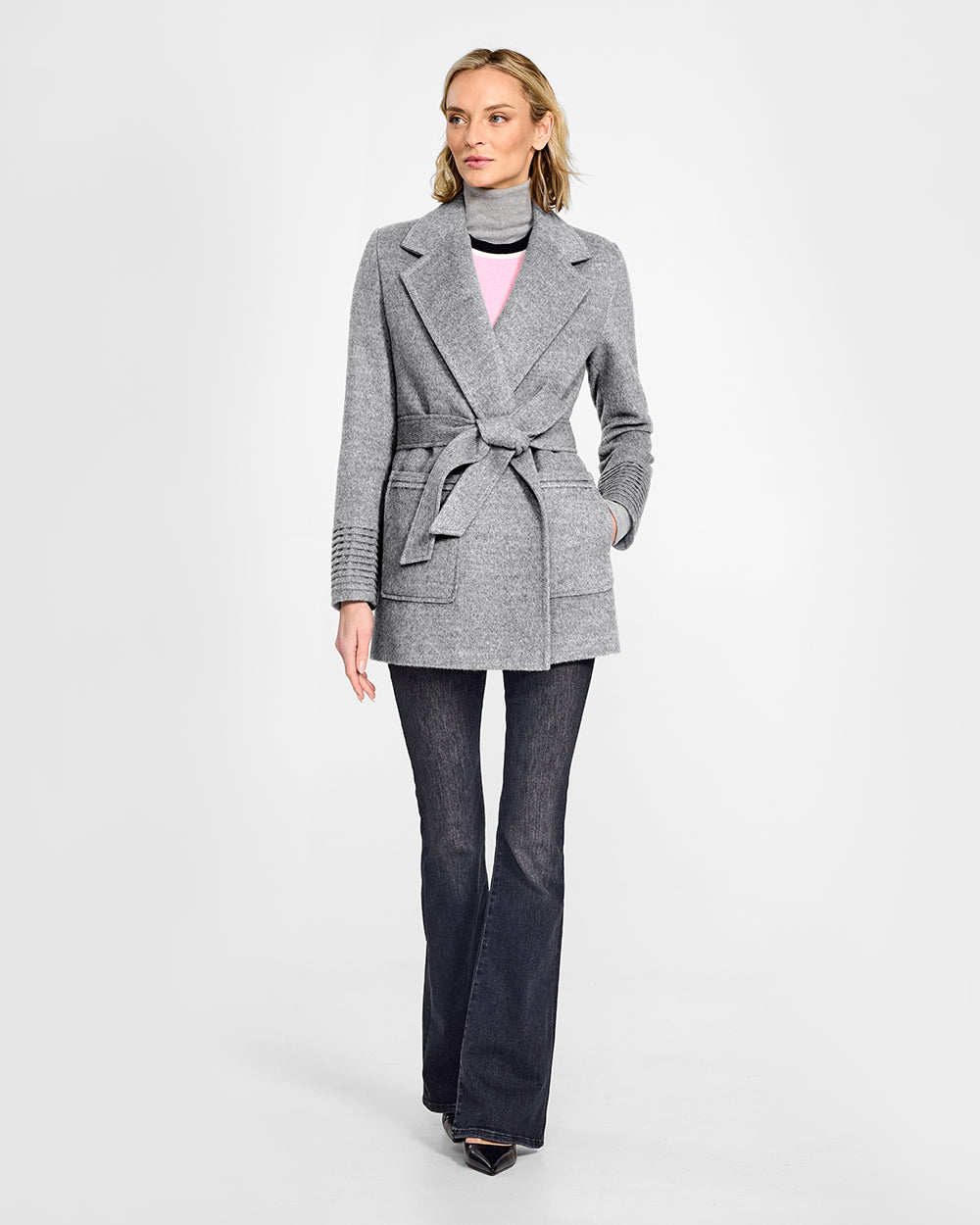 Sentaler Cropped Notched Collar Square Pocket Wrap Shale Grey Coat in Baby Alpaca wool. Seen from front belted on female model.