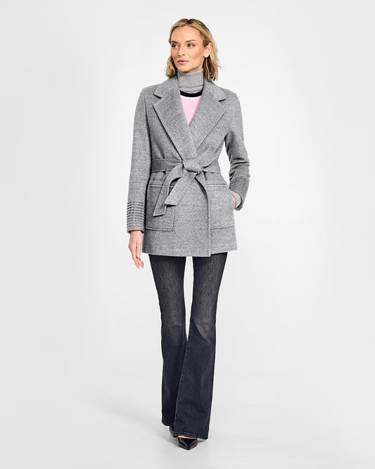 Sentaler Cropped Notched Collar Square Pocket Wrap Shale Grey Coat in Baby Alpaca wool. Seen from front belted on female model.