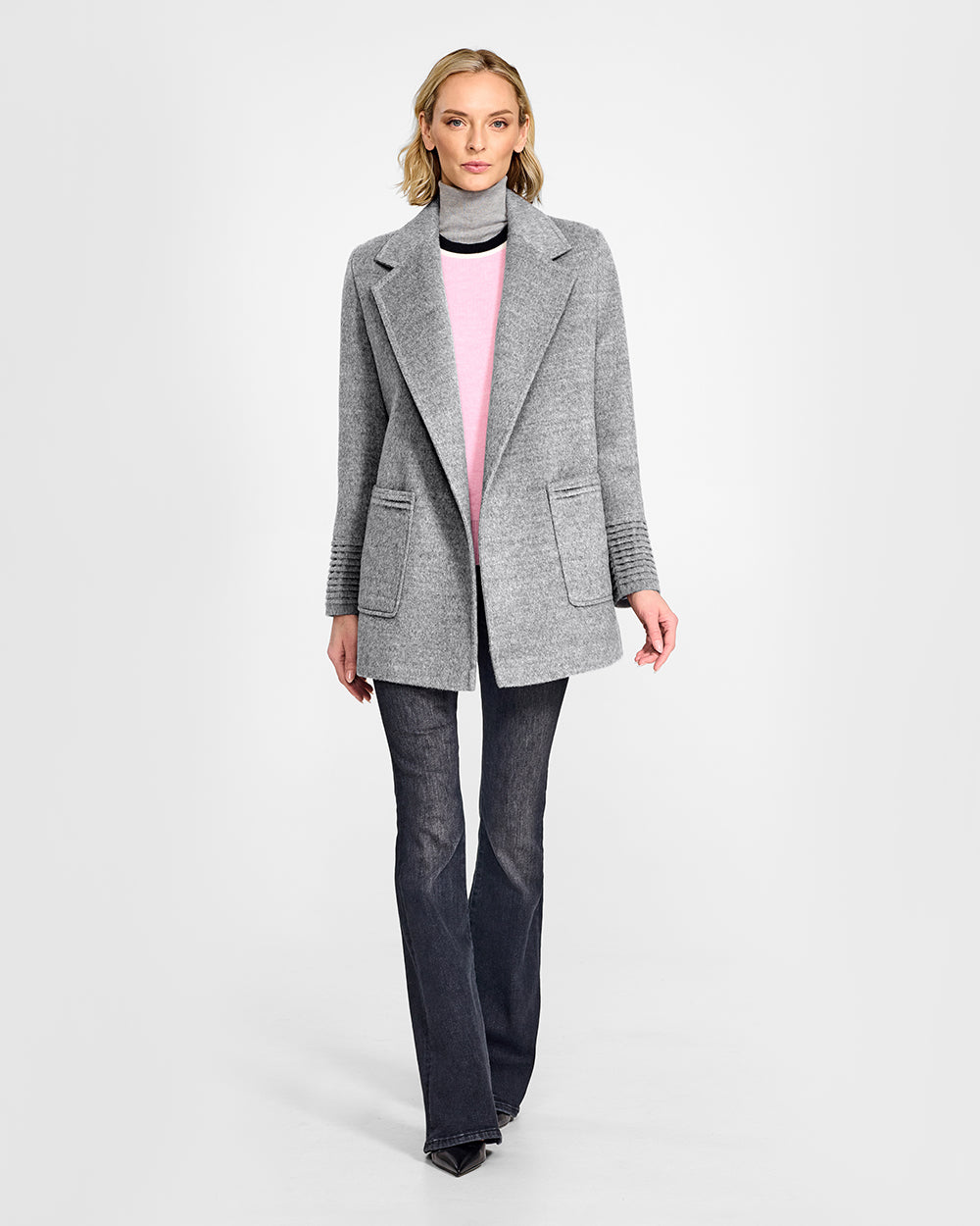 Sentaler Cropped Notched Collar Square Pocket Wrap Shale Grey Coat in Baby Alpaca wool. Seen from front open on female model.