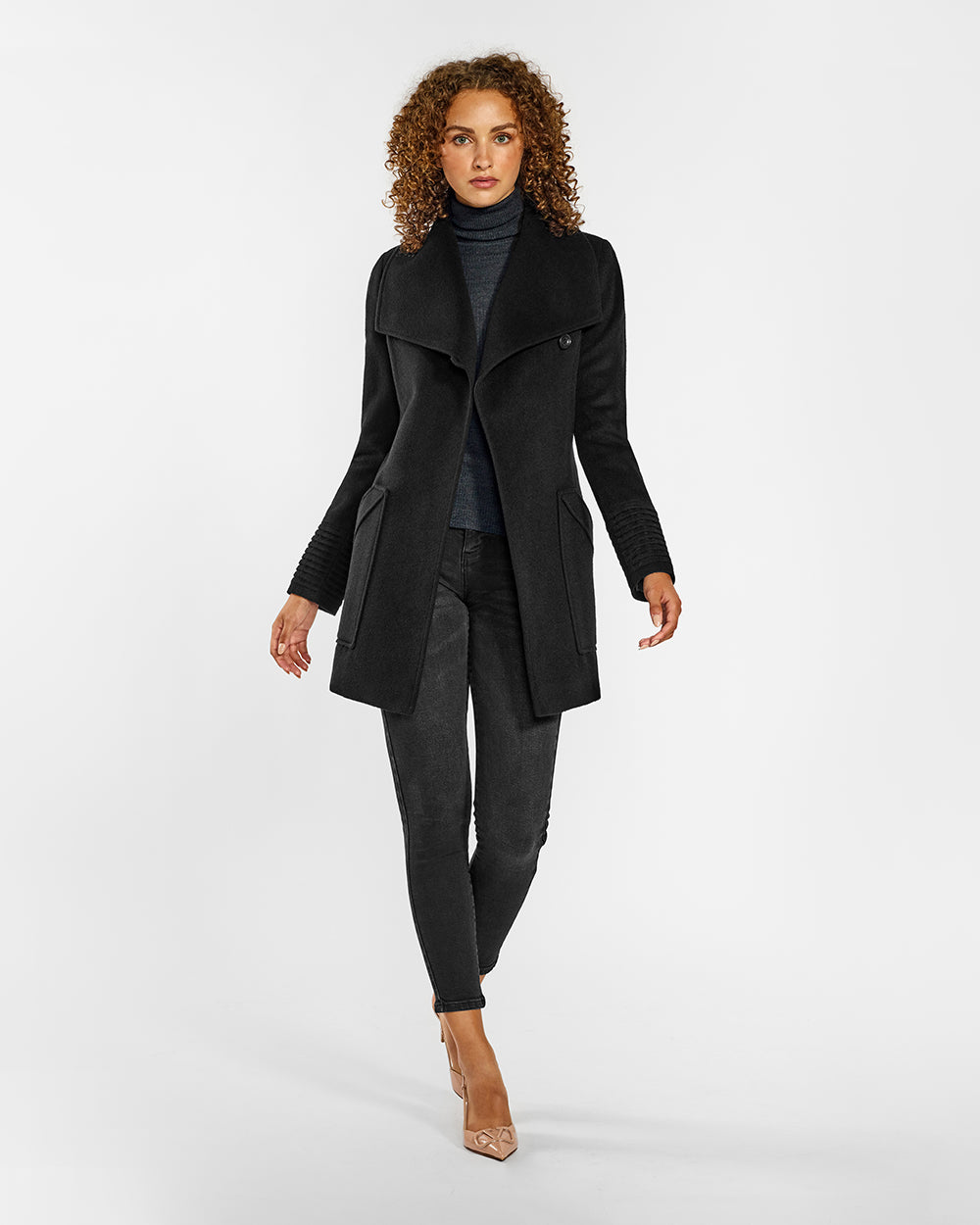 Sentaler Cropped Wide Collar Wrap Black Coat in Baby Alpaca wool. Seen from front open on female model.