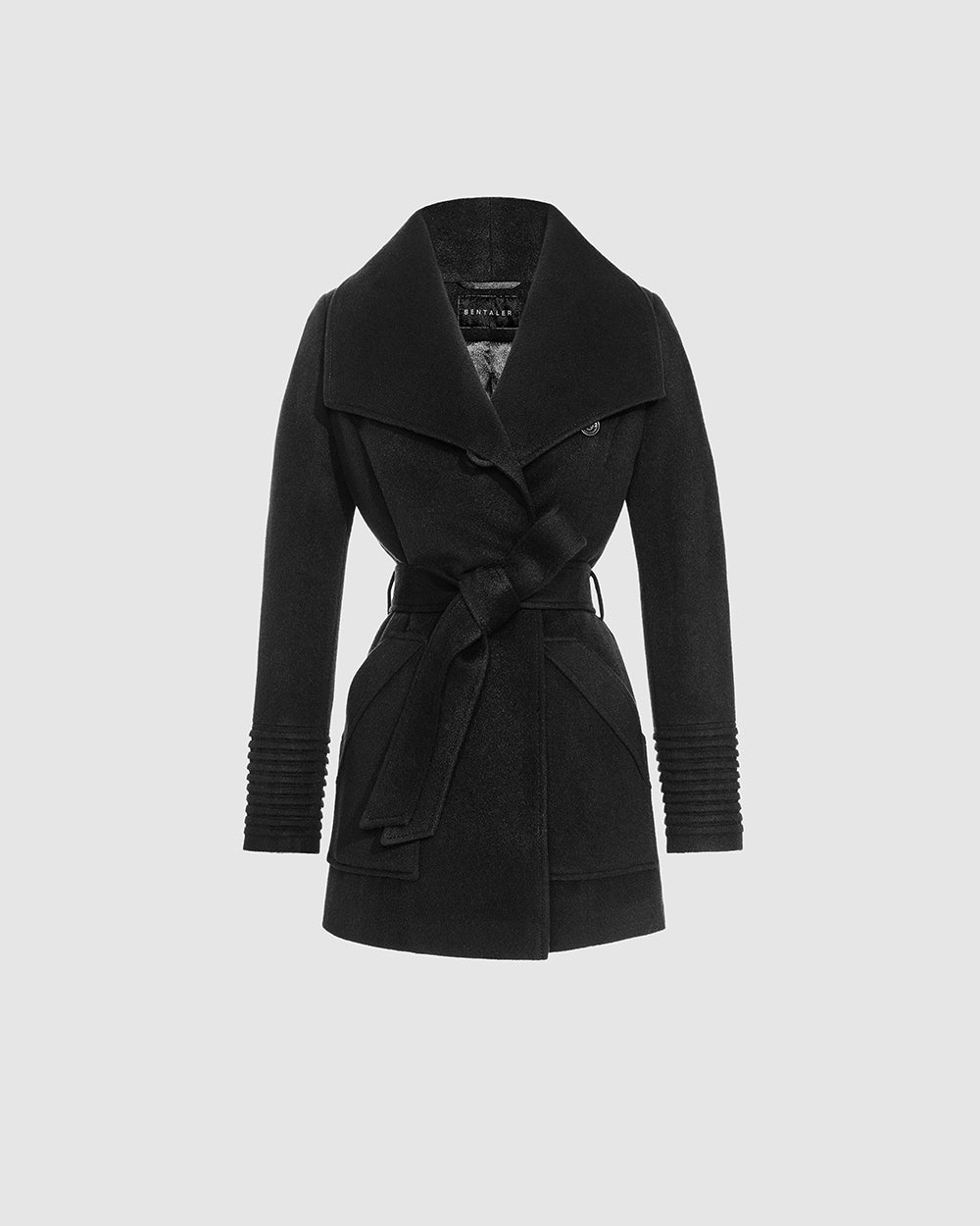 Sentaler Cropped Wide Collar Wrap Black Coat in Baby Alpaca wool. Seen as belted off figure.