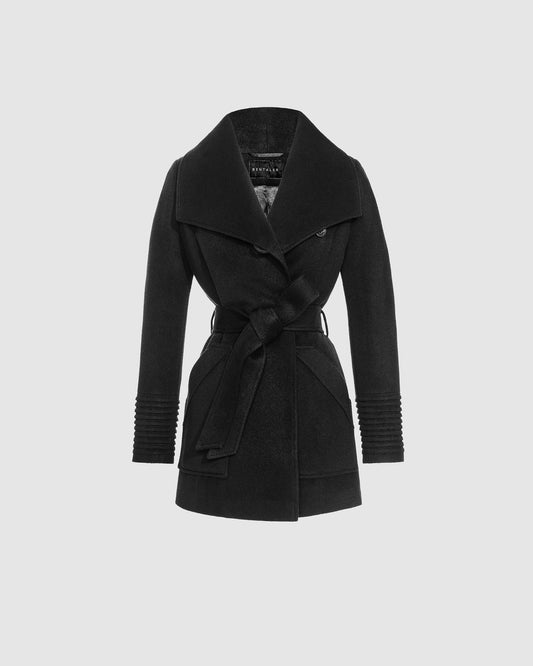 Sentaler black cropped wrap coat made of baby alpaca wool with a wide collar, belted.