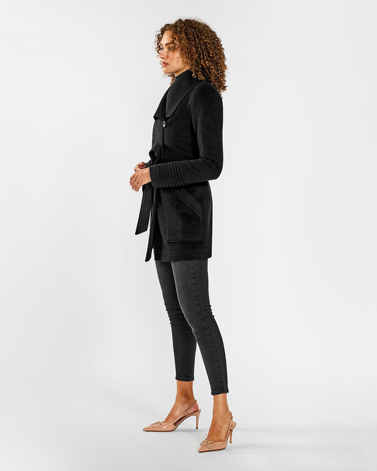 Sentaler Cropped Wide Collar Wrap Black Coat in Baby Alpaca wool. Seen from side belted on female model.