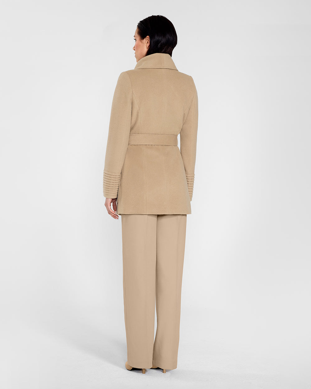 Sentaler Cropped Wide Collar Wrap Camel Coat in Baby Alpaca wool. Seen from back belted on female model.