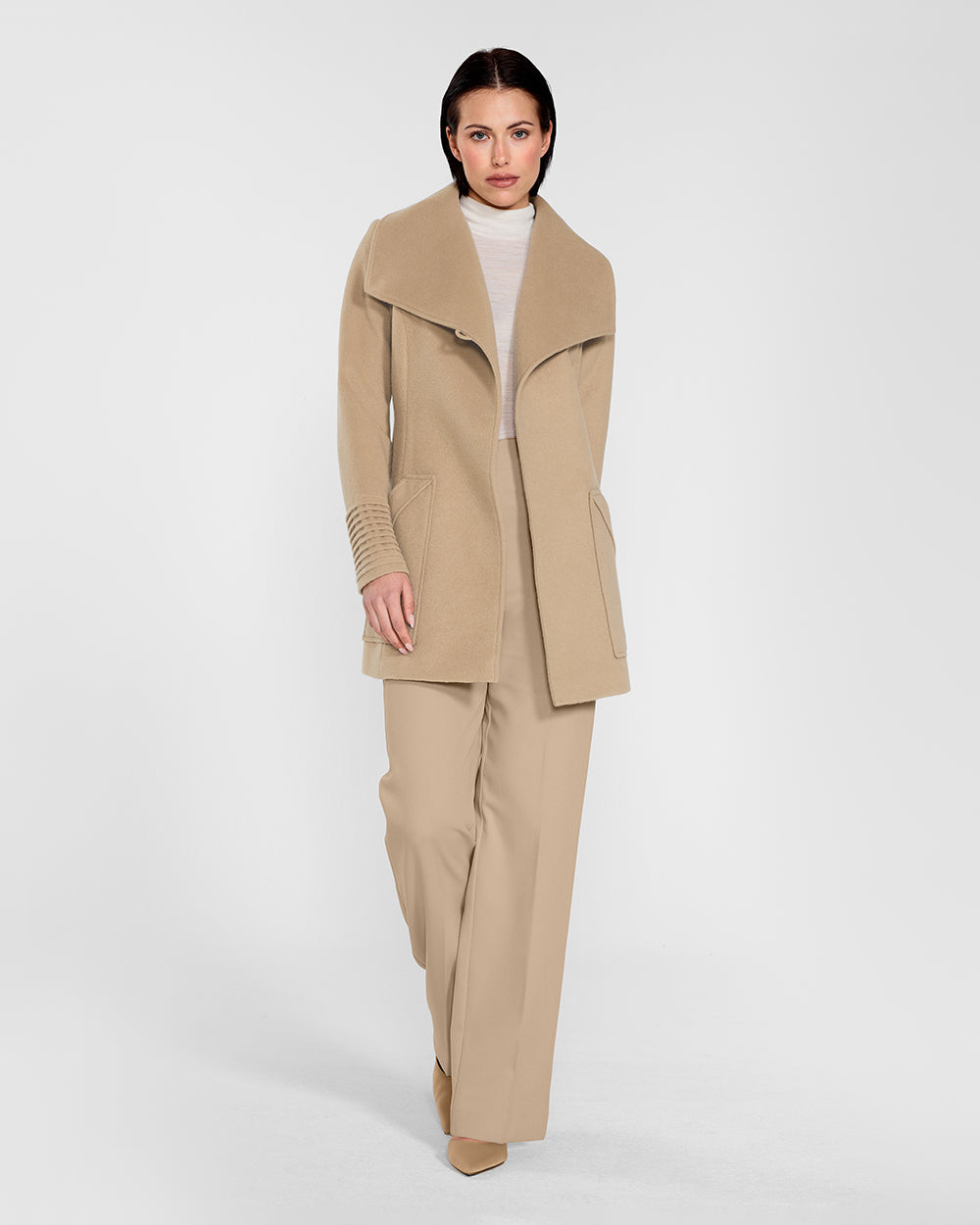 Sentaler Cropped Wide Collar Wrap Camel Coat in Baby Alpaca wool. Seen from front open on female model.