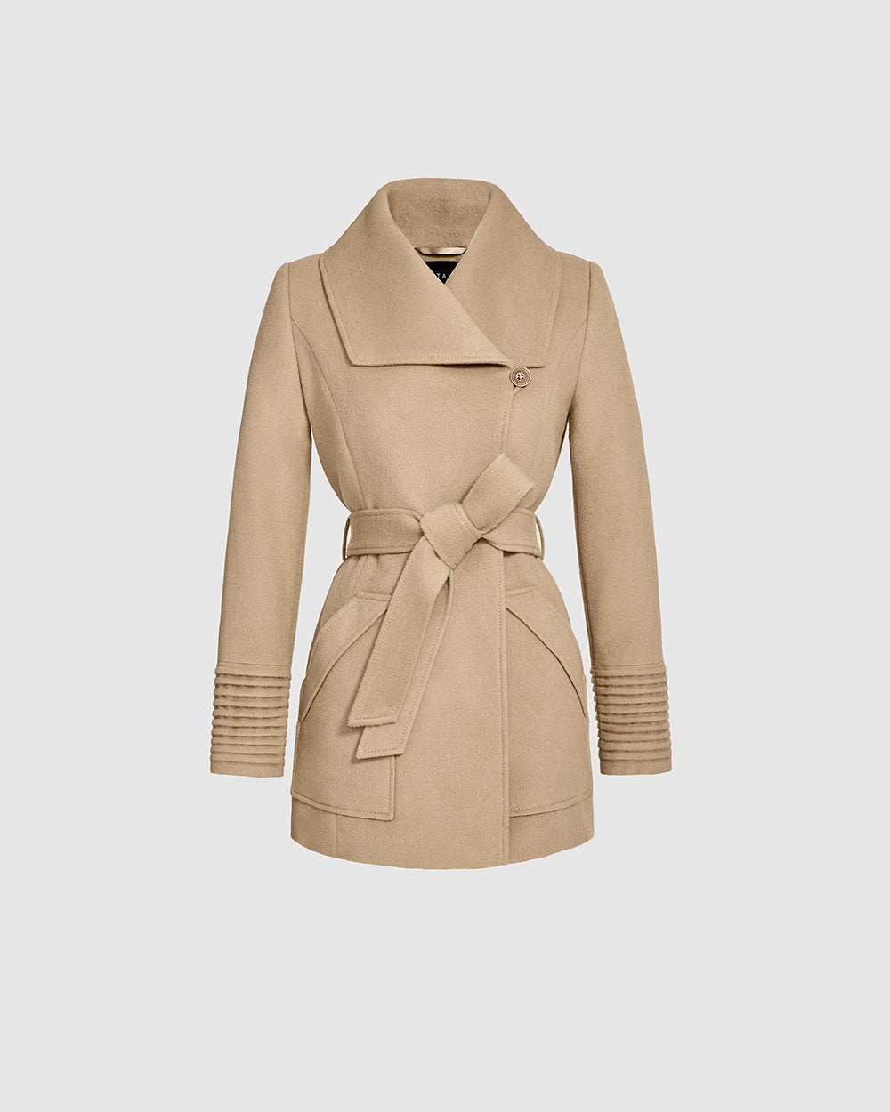 Sentaler Cropped Wide Collar Wrap Camel Coat in Baby Alpaca wool. Seen as belted off figure.