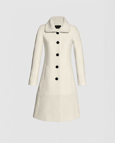 Sentaler A-line Ivory Coat with Bouclé Alpaca Collar and Trim in Baby Alpaca wool. Seen as off figure.