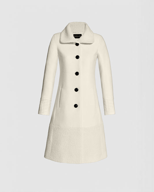 Sentaler A-line Ivory Coat with Bouclé Alpaca Collar and Trim in Baby Alpaca wool. Seen as off figure.