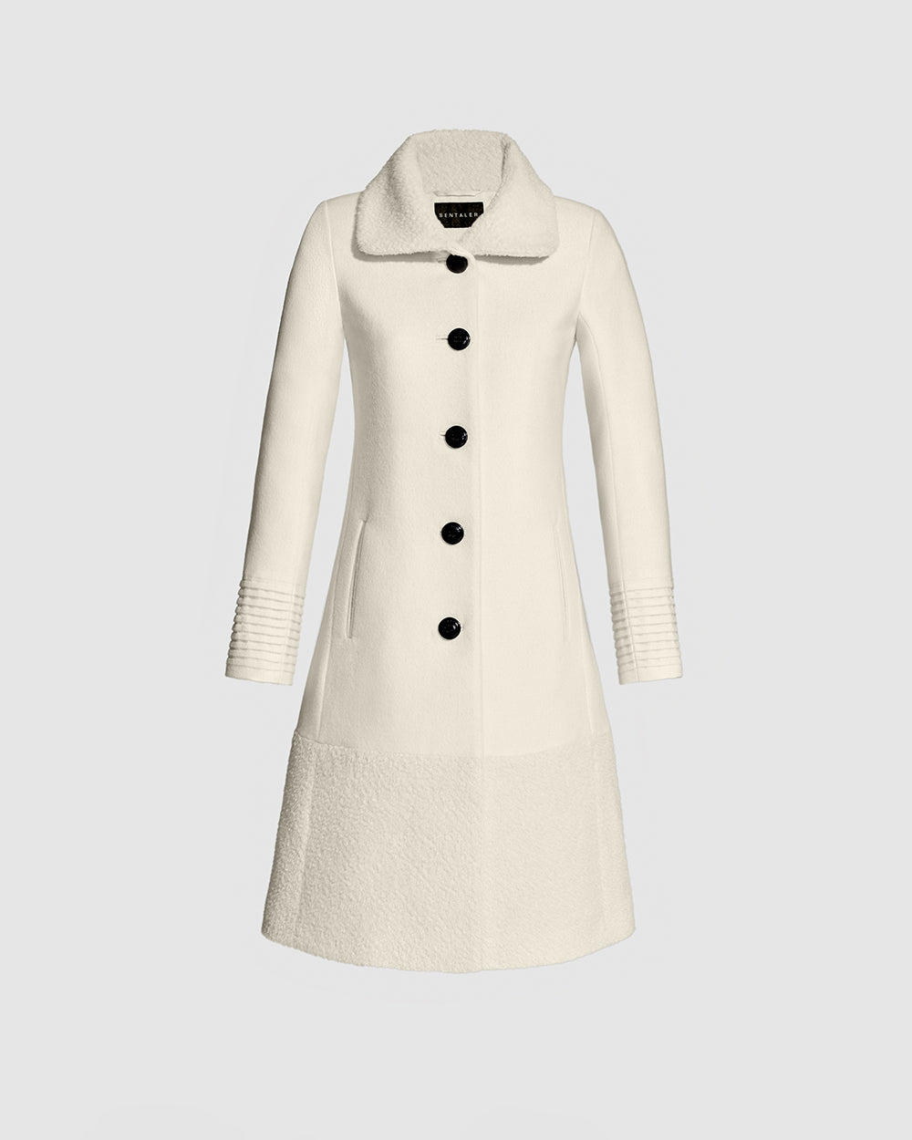 Sentaler A-line Ivory Coat with Bouclé Alpaca Collar and Trim in Baby Alpaca wool. Seen as off figure.