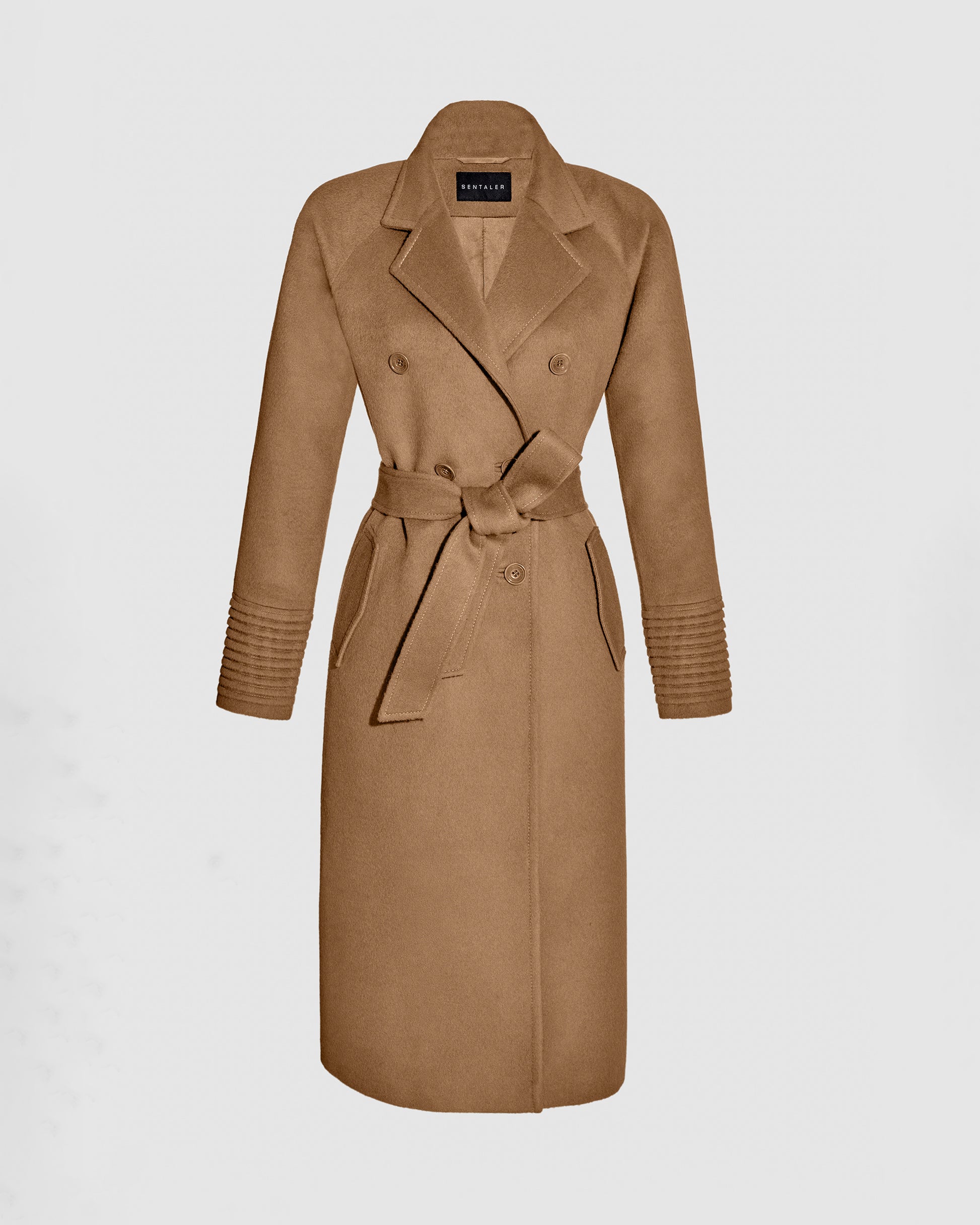 Sentaler dark camel double breasted coat made of baby alpaca wool with a notched collar, belted.