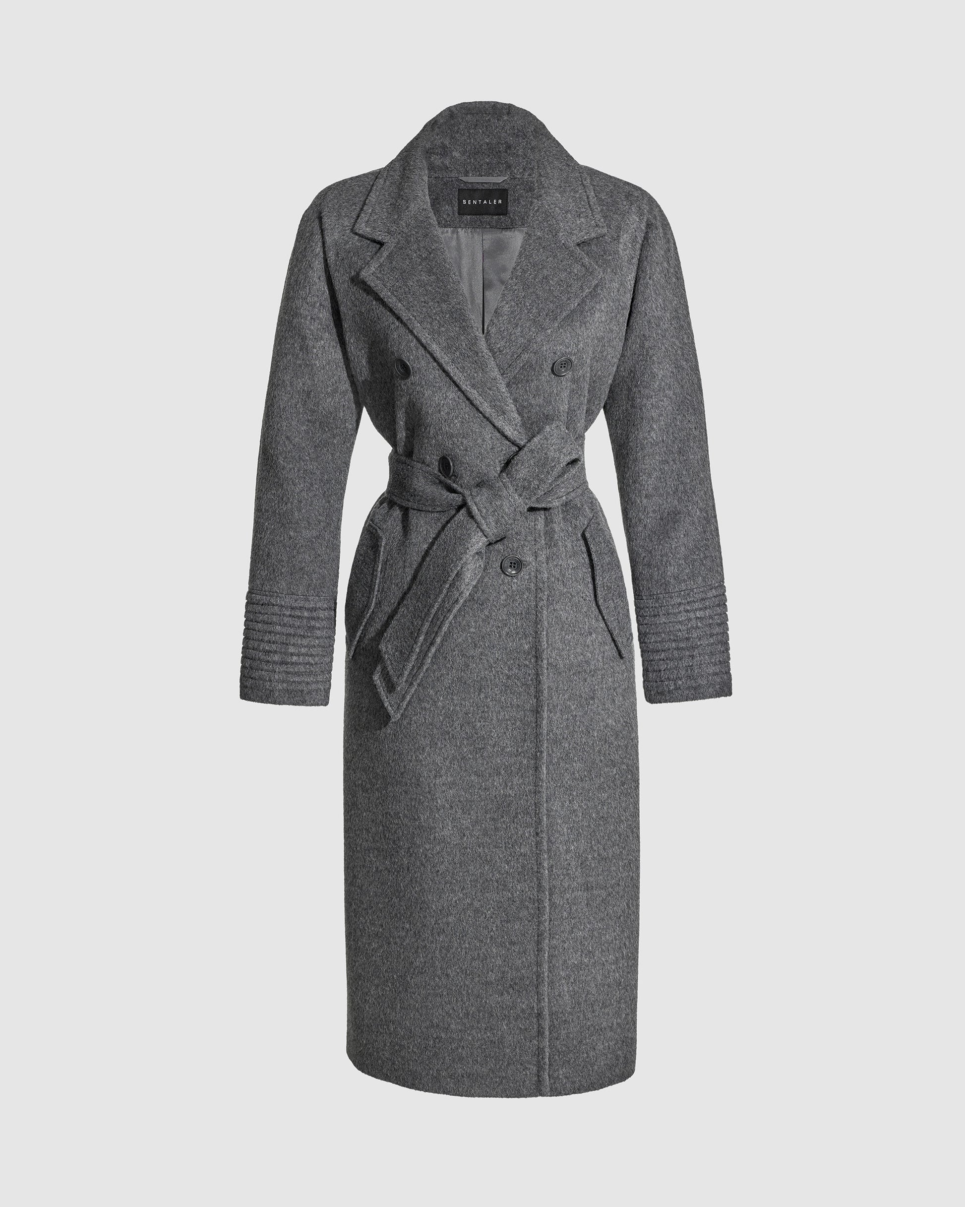 Sentaler grey mélange double breasted coat with notched collar in baby alpaca wool, shown buttoned and belted.