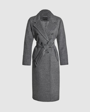 Sentaler grey mélange double breasted coat with notched collar in baby alpaca wool, shown buttoned and belted.