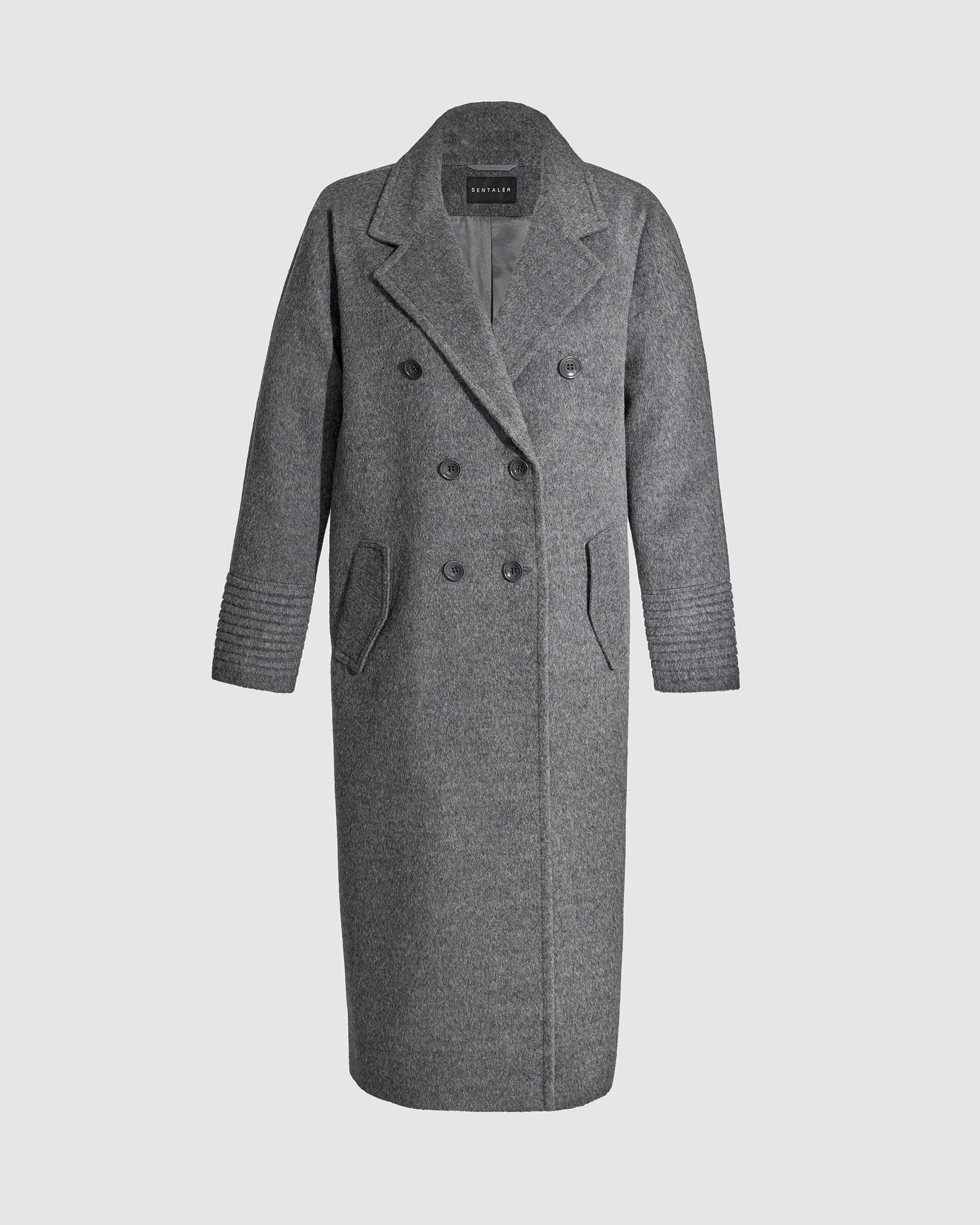 Sentaler grey mélange double breasted coat with notched collar in baby alpaca wool, shown buttoned.