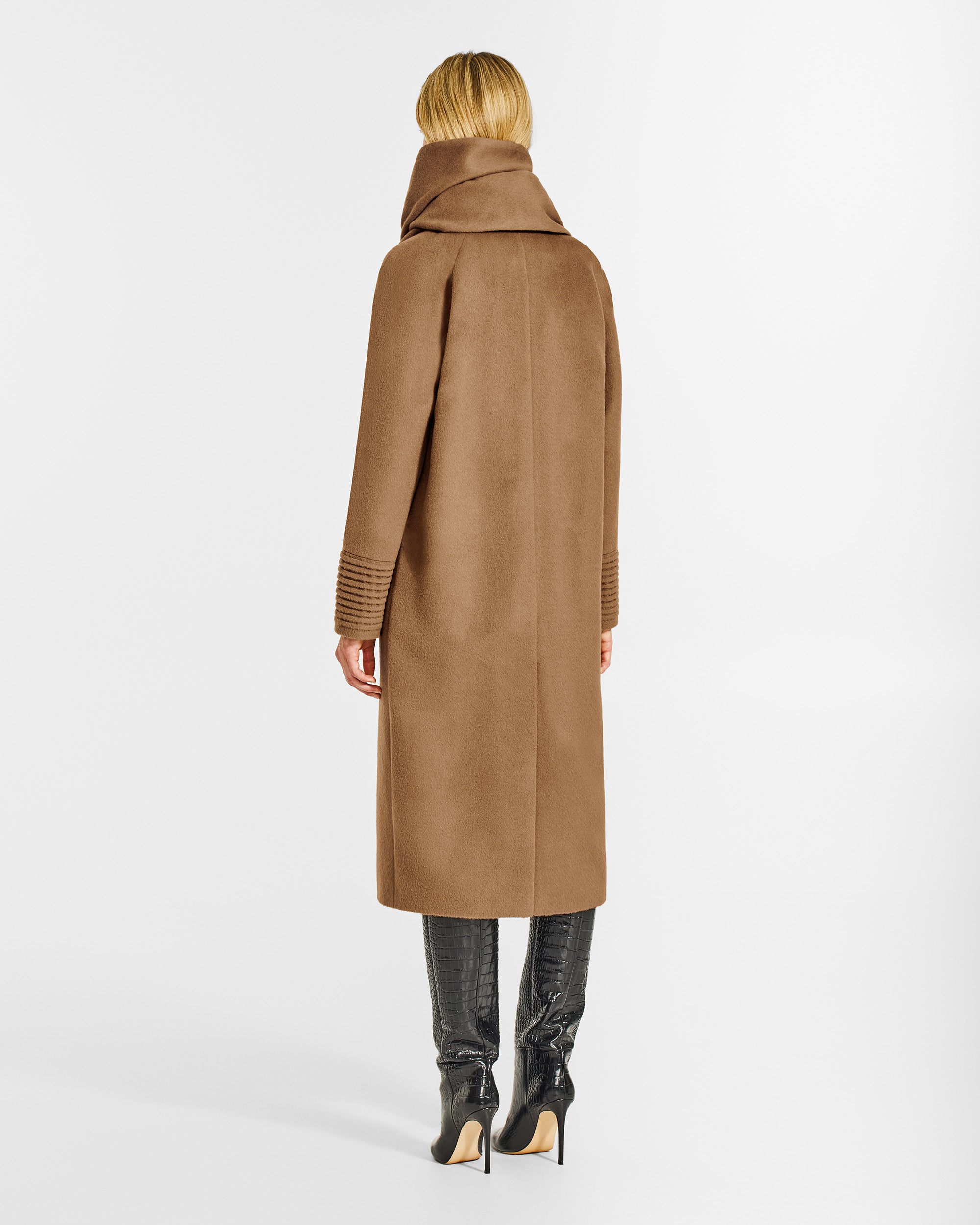 Double Breasted Dark Camel Coat with Fabric Scarf | SENTALER