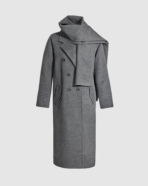 Sentaler grey mélange double breasted coat made of baby alpaca wool with a notched collar, and fabric scarf, buttoned. 
