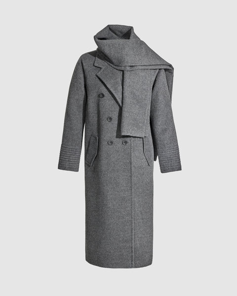 Double Breasted Grey Mélange Coat with Scarf | SENTALER