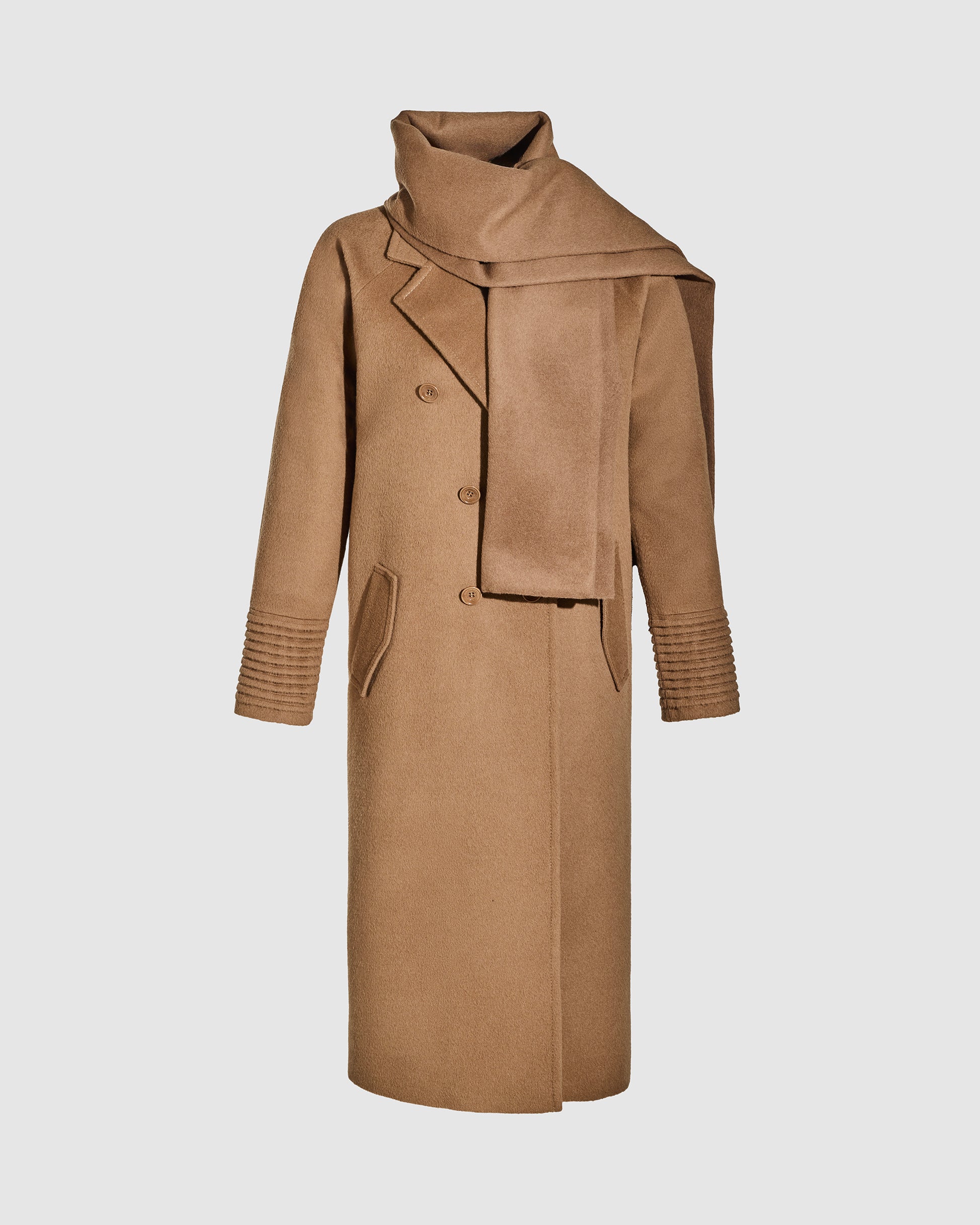 Sentaler dark camel double breasted coat made of baby alpaca wool with a notched collar, and fabric scarf, buttoned.