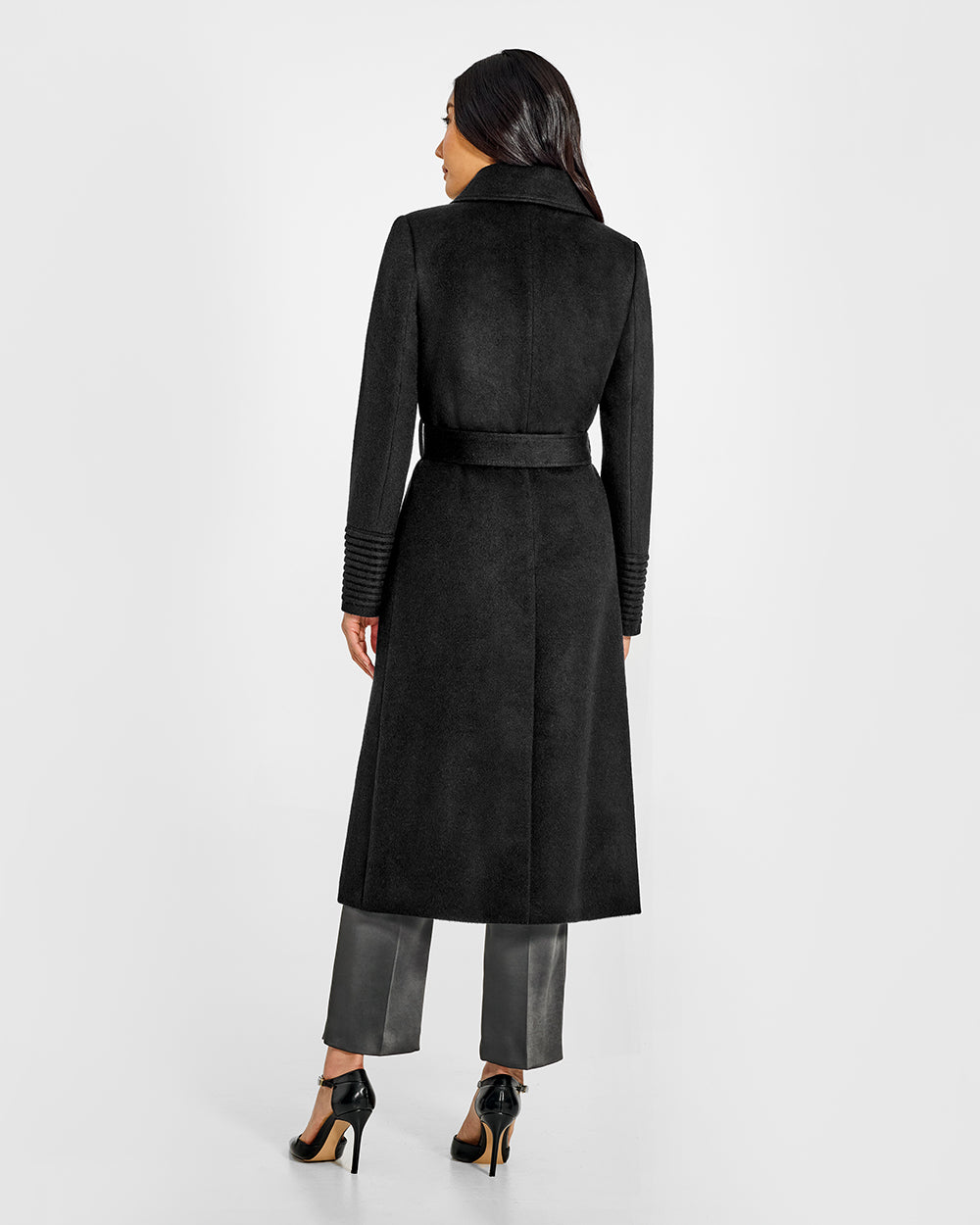 Sentaler Long Lapel Collar Wrap Black Coat in Baby Alpaca wool. Seen from back belted on female model.