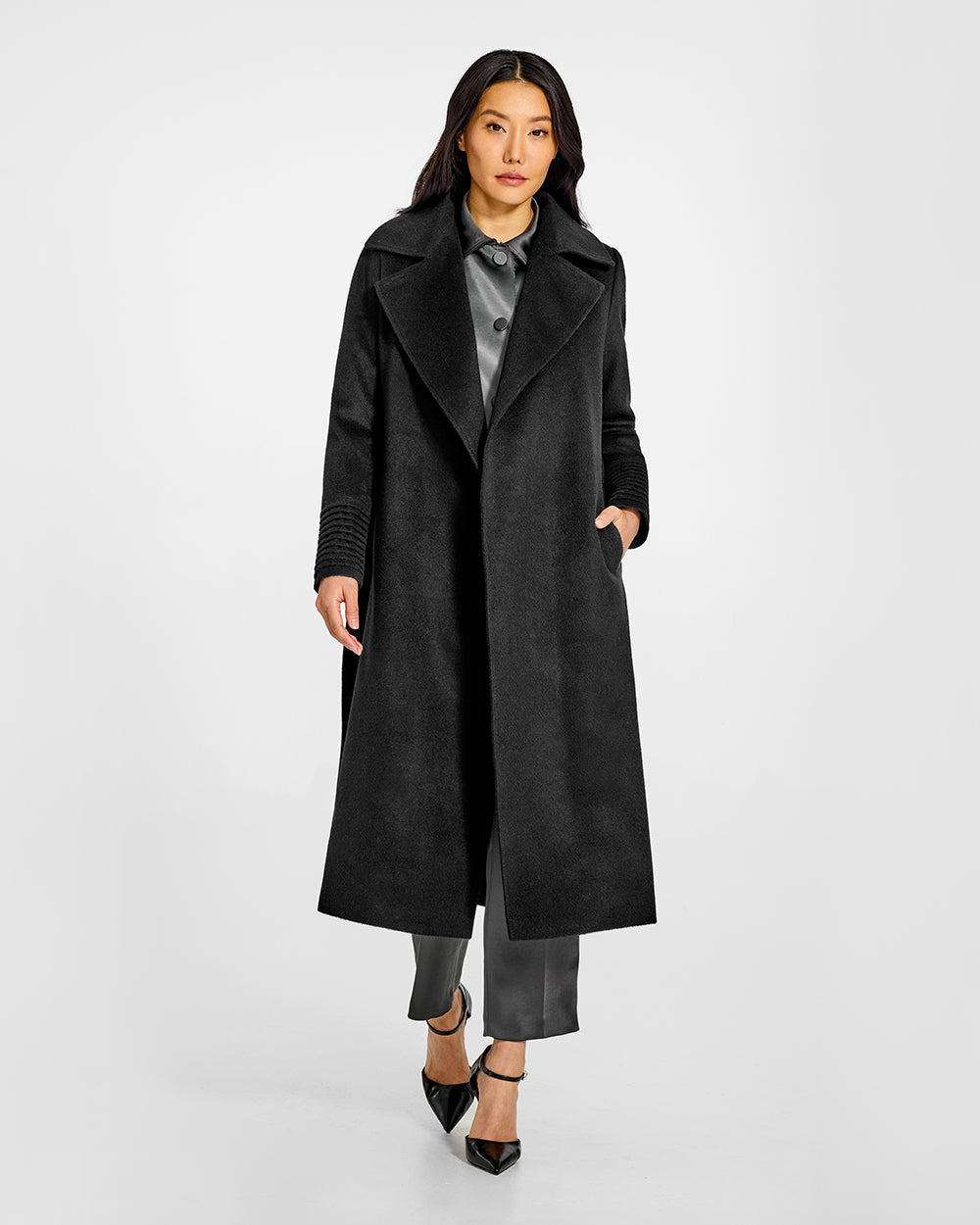 Sentaler Long Lapel Collar Wrap Black Coat in Baby Alpaca wool. Seen from front open on female model.