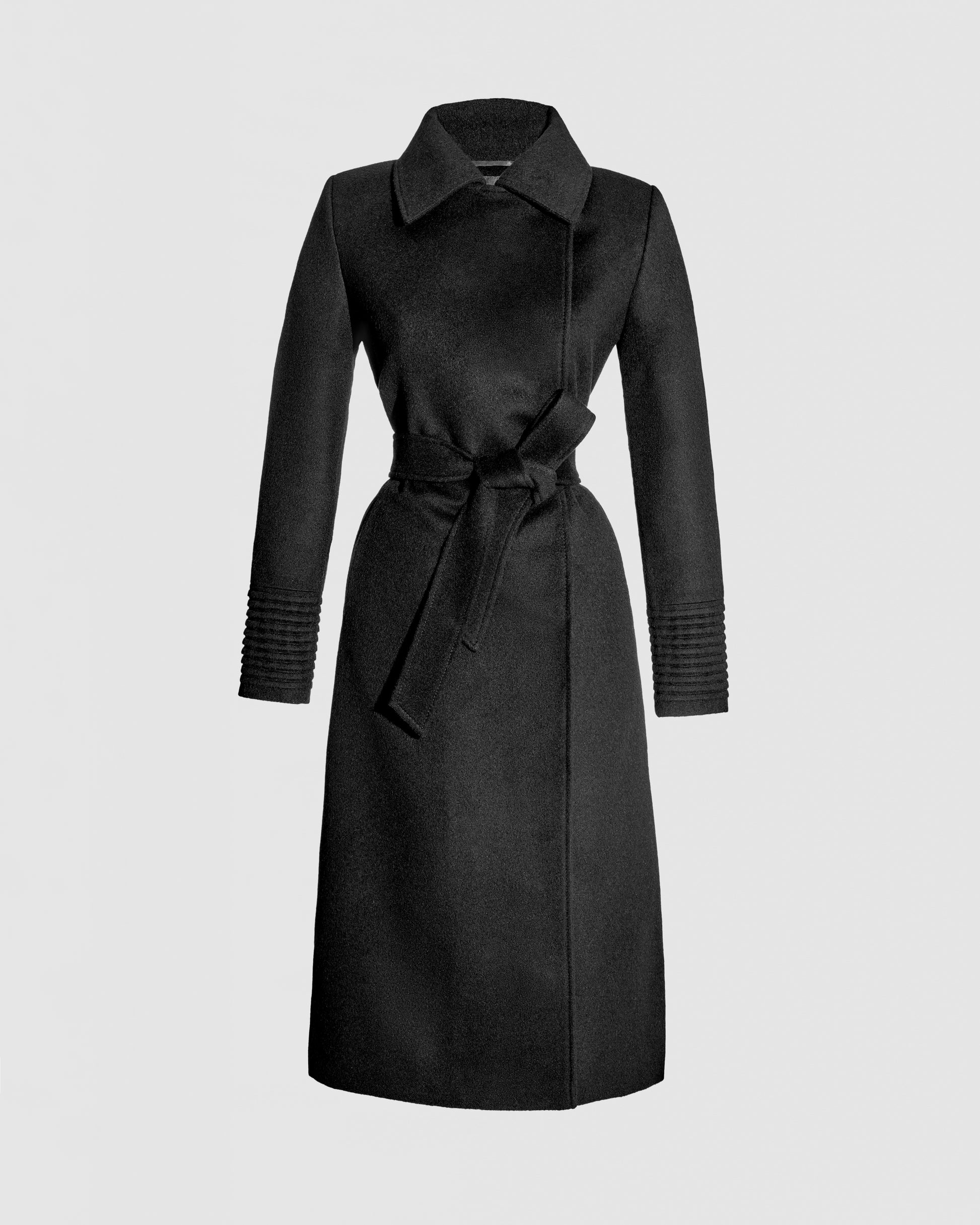 Sentaler long black wrap coat made of baby alpaca wool with a lapel collar, belted.