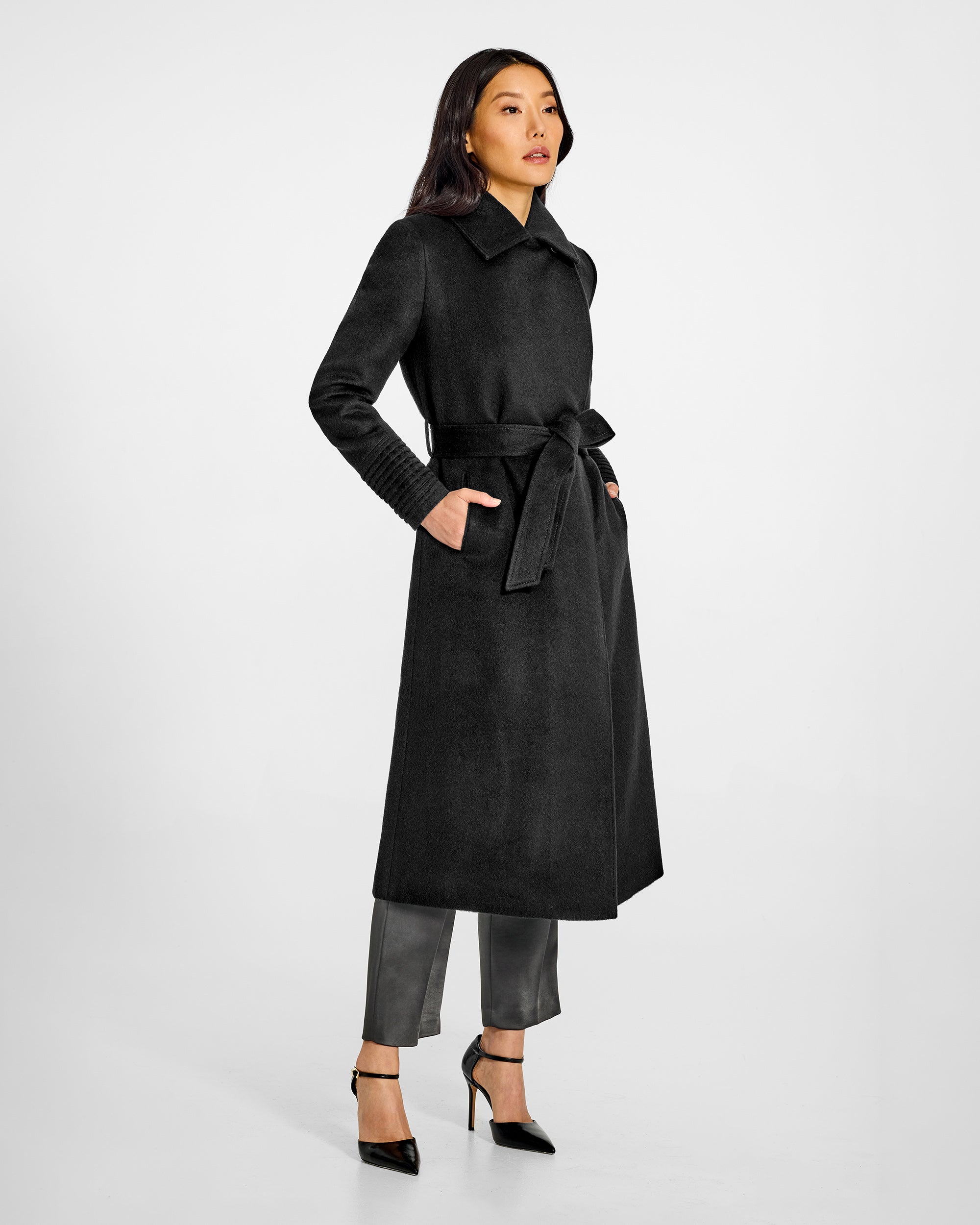 Baby Alpaca Long Lapel Collar Wrap Black Coat | SENTALER
