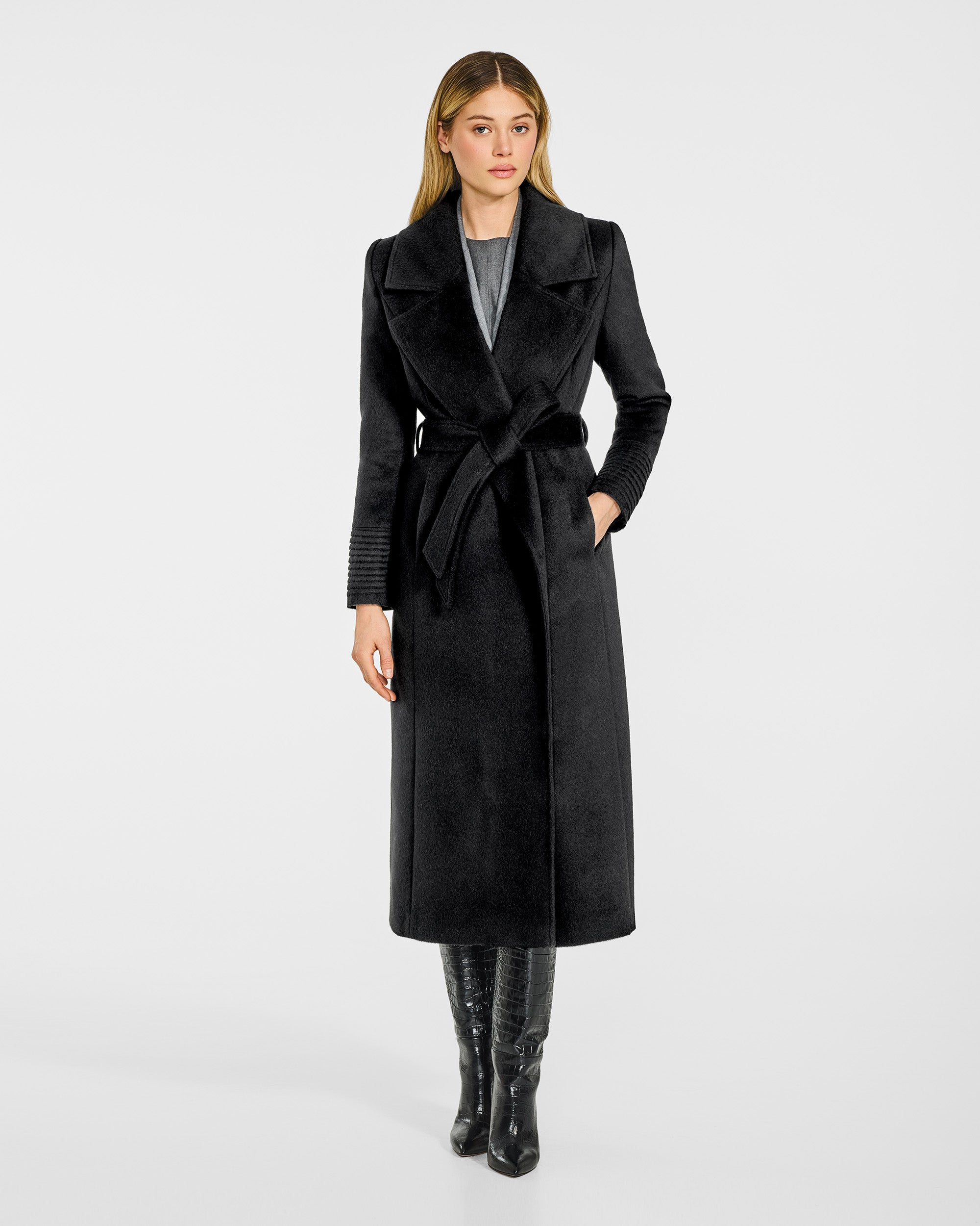 Alpaca Long Large Notched Wrap Black Coat | SENTALER