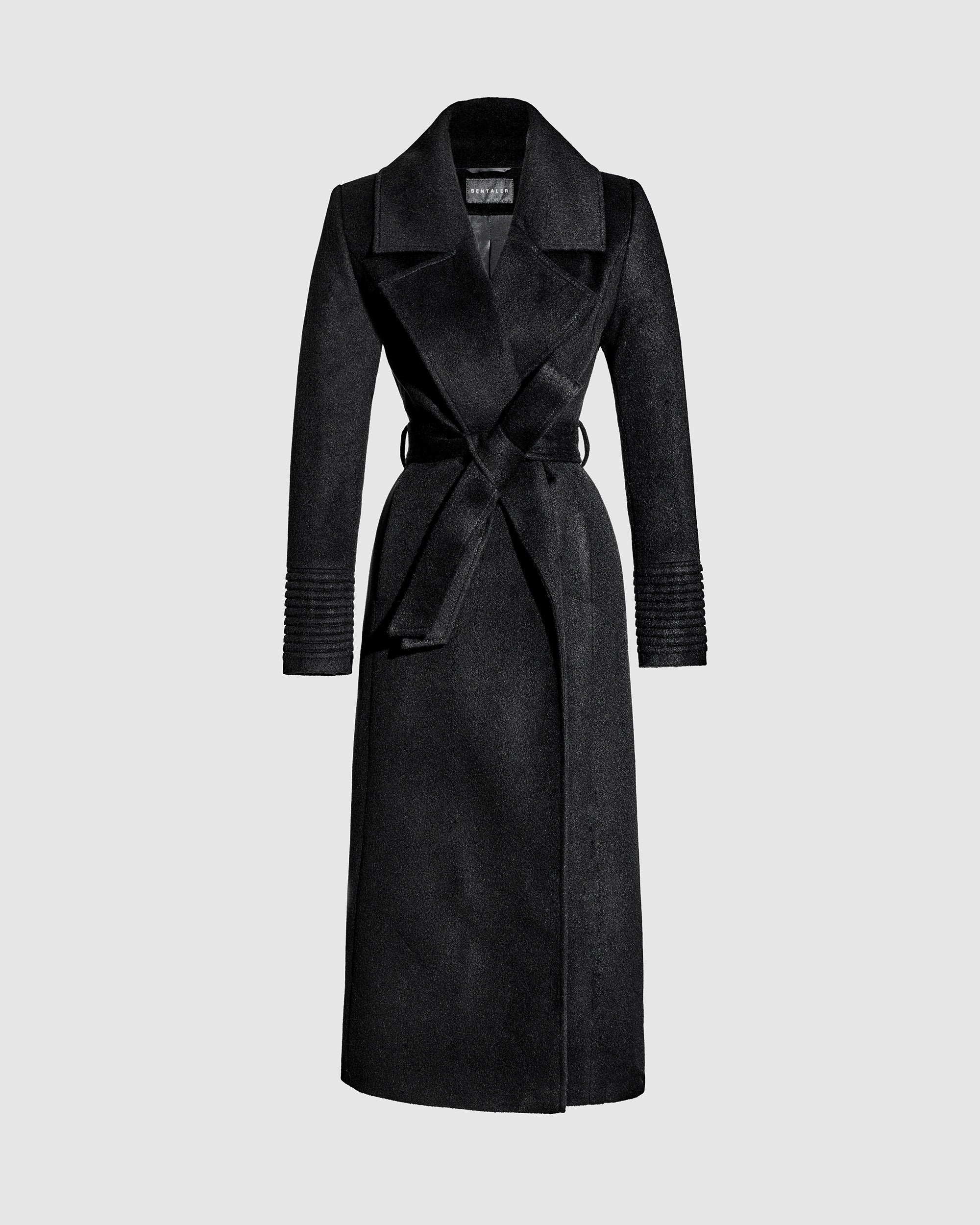 Alpaca Long Large Notched Wrap Black Coat | SENTALER