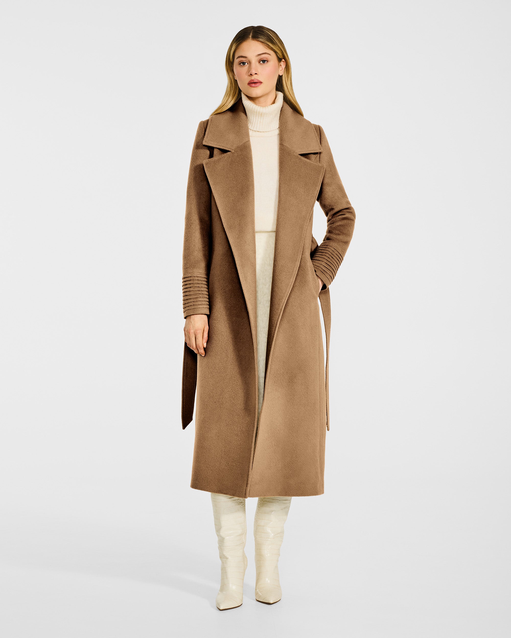 Alpaca Long Large Notched Wrap Dark Camel Coat | SENTALER