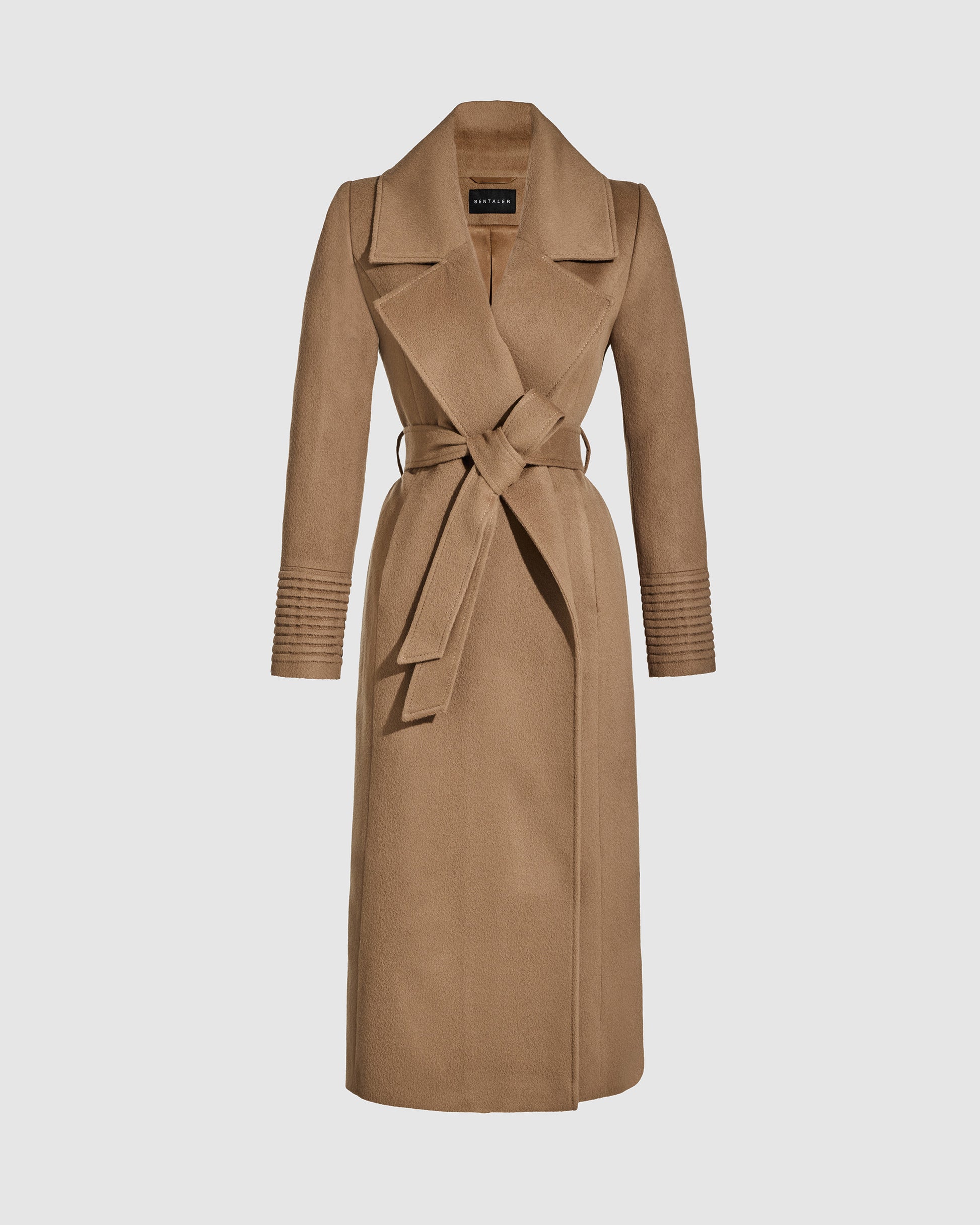 Sentaler long dark camel wrap coat made of baby alpaca wool with a large notched collar, belted.
