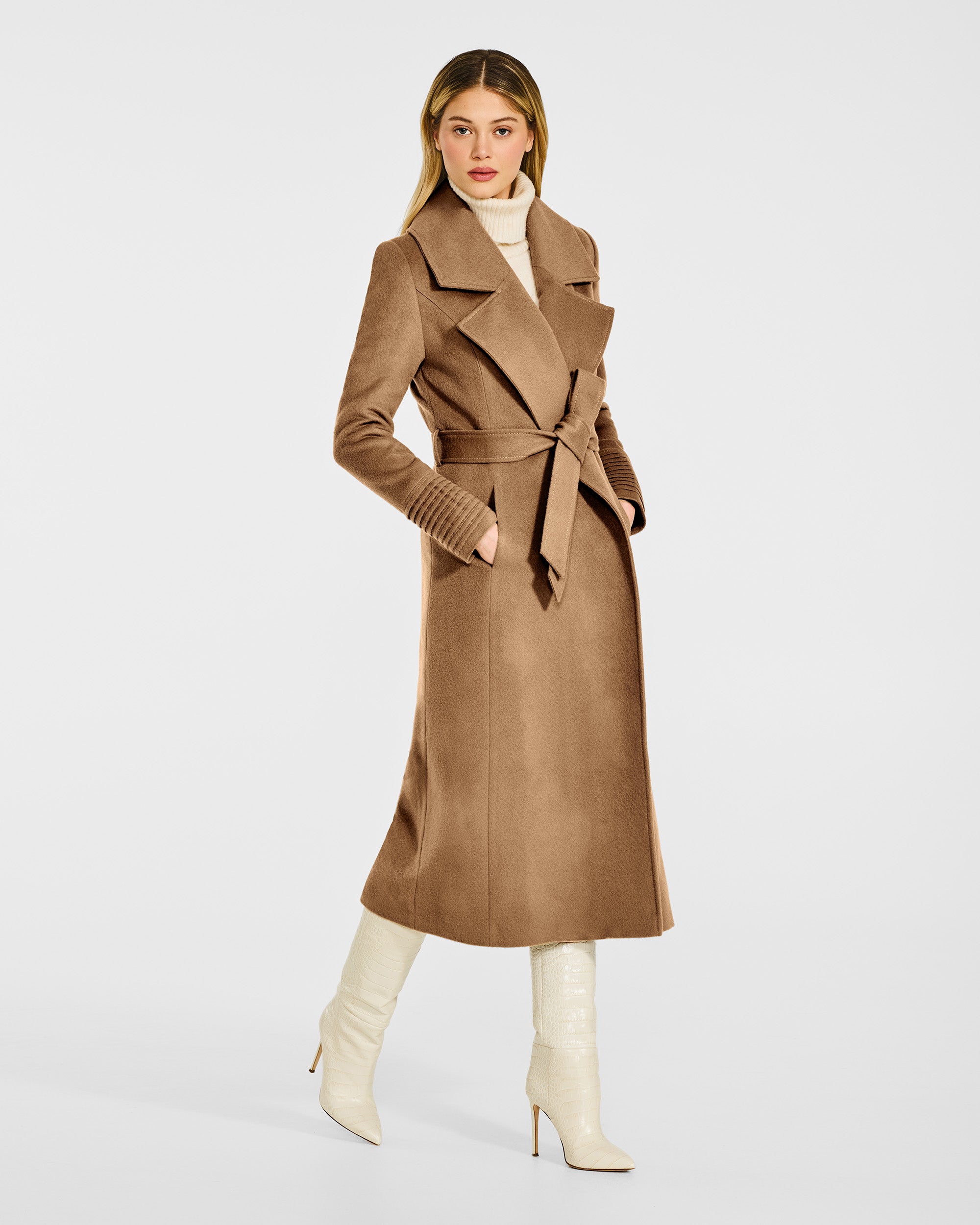 Alpaca Long Large Notched Wrap Dark Camel Coat | SENTALER